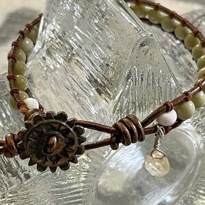 BOHO Leather Wrap Bracelet with Olive Jade and White Turquoise 7"